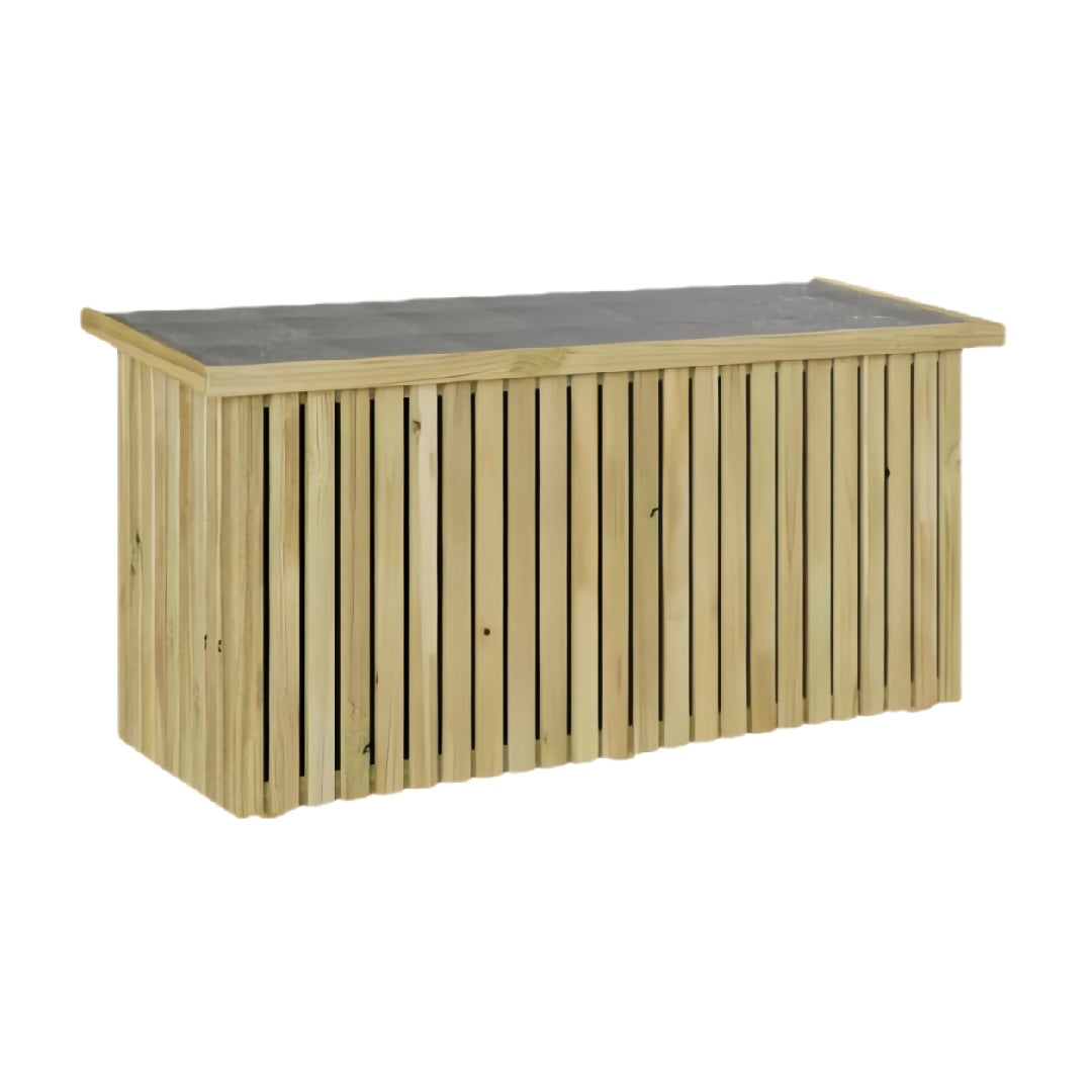 Wooden Storage Chest with Slatted Design and Black Top